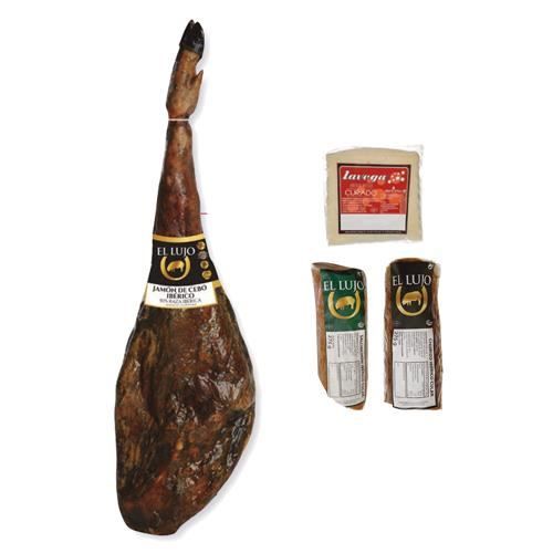 Coffret de Noël gourmand avec 1 Jambon Ibérique Cebo de 7,5 kg, chorizo et saucisson ibérique et fromage