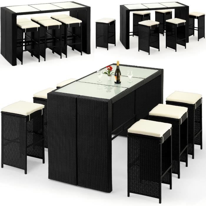 Deuba - Bar de jardin 6+1 • polyrotin noir • coussins inclus • plateau de table en verre - Ensemble table et chaises, terrasse