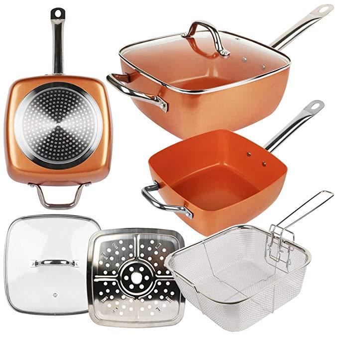 Set de poêles et casseroles avec revêtement anti-adhésif innovant et ultra résistanten céramique et cuivre micronisé brillant 8 Pièc