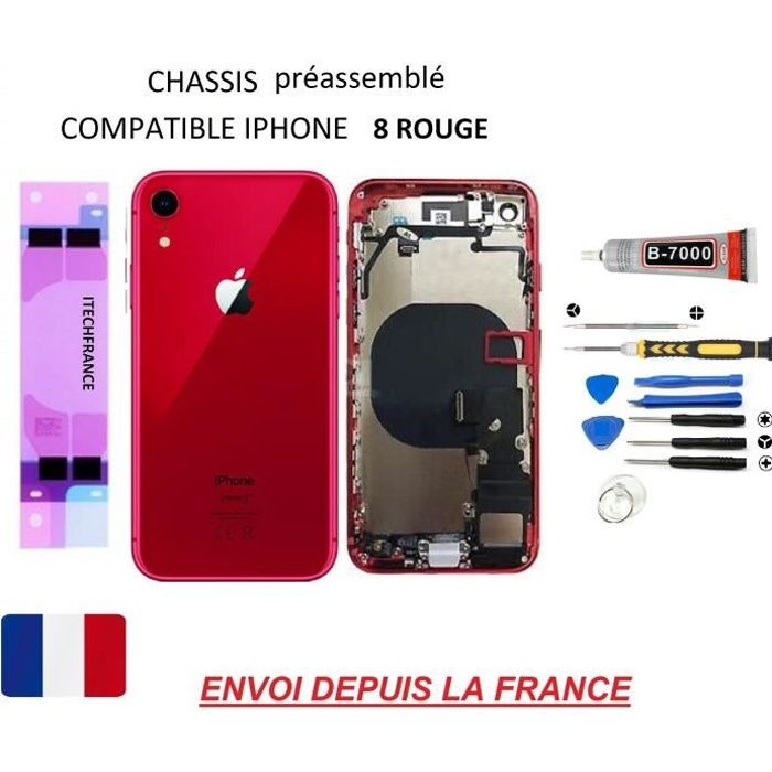 Châssis vitre arrière préassemblé compatible iphone 8 ROUGE vitre arrière, qualité origine, dos en verre, kit outil tournevis pro