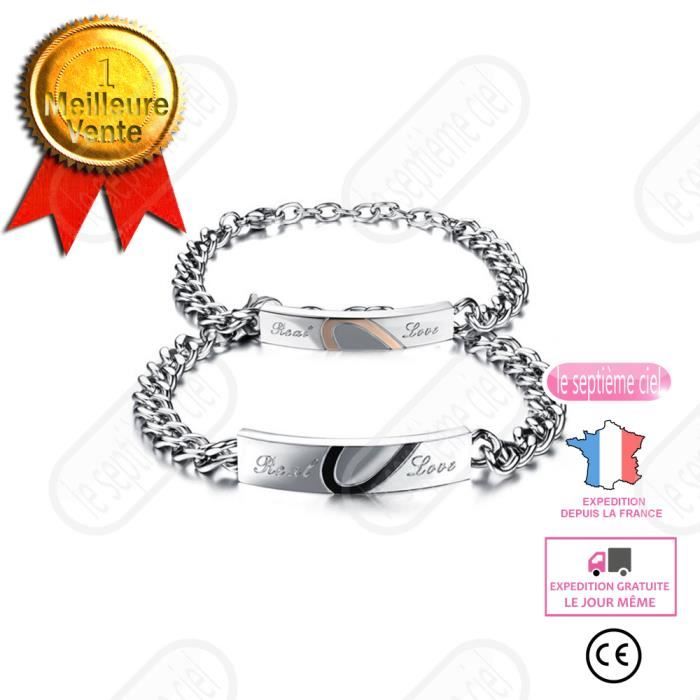bracelet couple amoureux pour 2 gourmette cœur femme homme bijoux livraison rapide 1 paire acier titane cadeau bijouterie chaine