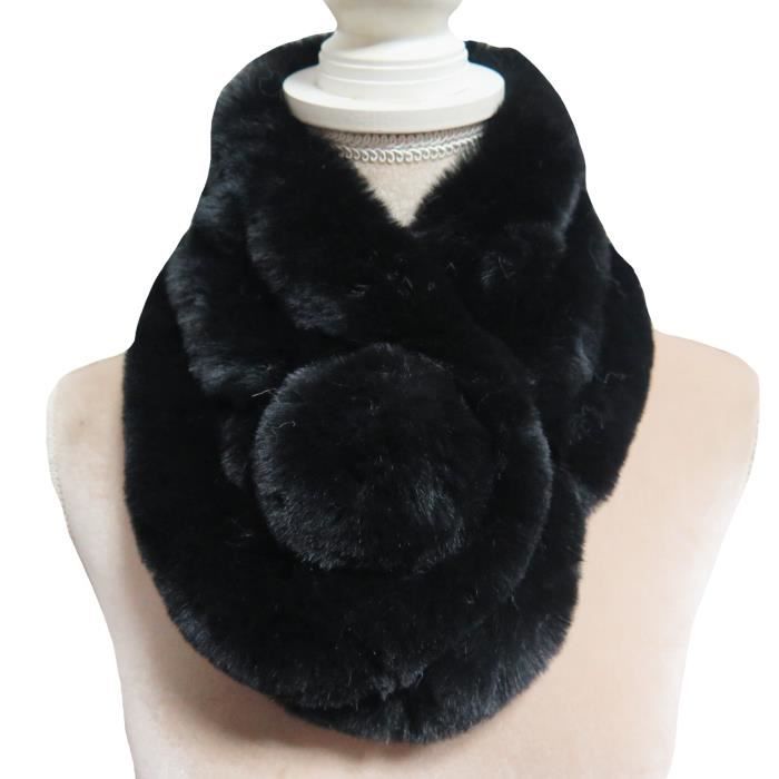 Écharpe Femme Tour de Cou en Fausse Fourrure Pom Pom-Noir