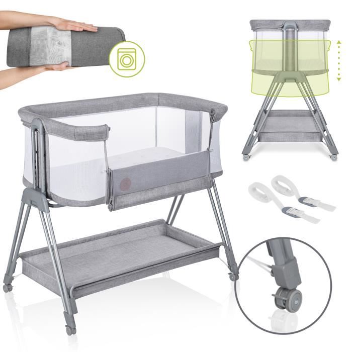 Lionelo Luna, lit bebe indépendant, cododo avec matelas, co-sleeping, du nouveau-né à 9 kg. Hauteur et inclinaison réglables - Gris