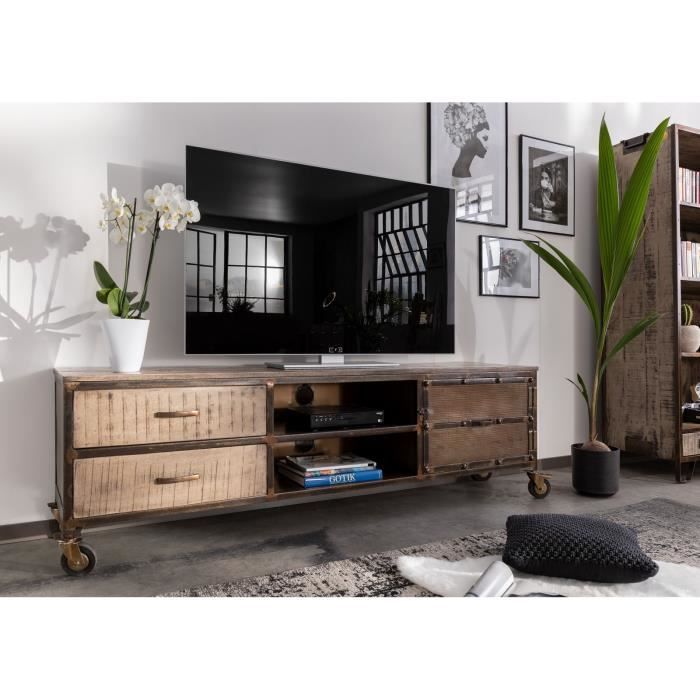 Meuble TV - Bois massif de manguier laqué (Marron) - Design industriel - HEAVY INDUSTRY #231