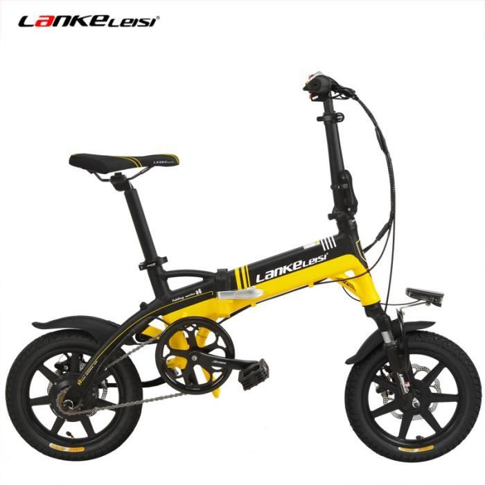 A6-Elite 14- Vélo pliant, vélo électrique de 240W, assistance de pédale à 5 niveaux, fourche à suspension (Noir jaune)
