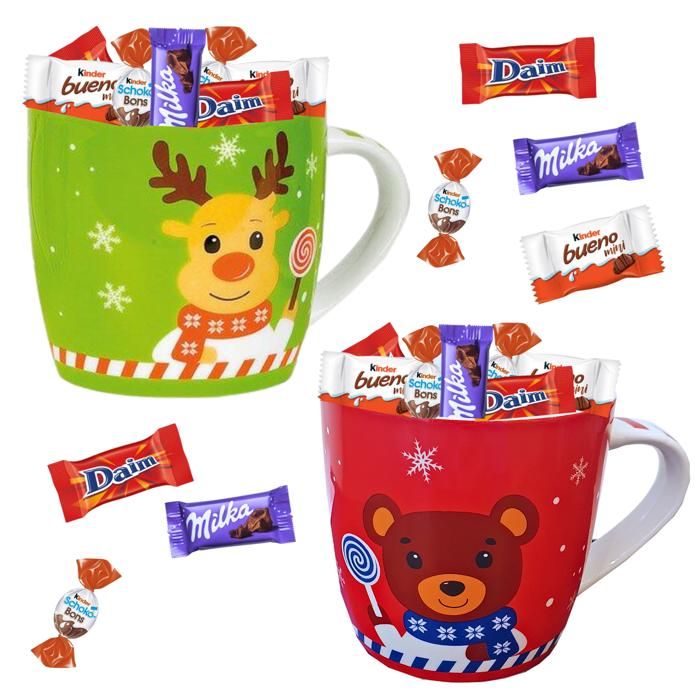 2 mugs ourson et renne garnis de 20 chocolats de Noël