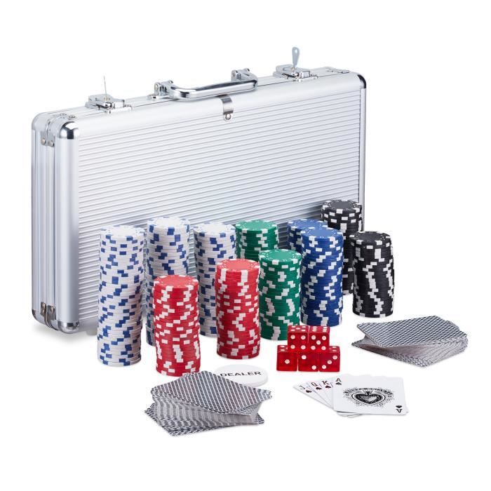 Relaxdays Pokerkoffer, 300 Laser Pokerchips, 2 Kartendecks, 5 Würfel, Dealer Button, Aluminiumkoffer abschließbar, silber