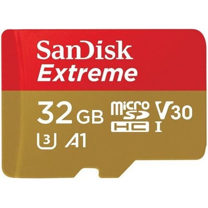 Carte Mémoire microSDHC SanDisk Extreme 32 Go + Adaptateur SD jusqu'à 100 Mo/s, Classe 10, U3, V30, A1