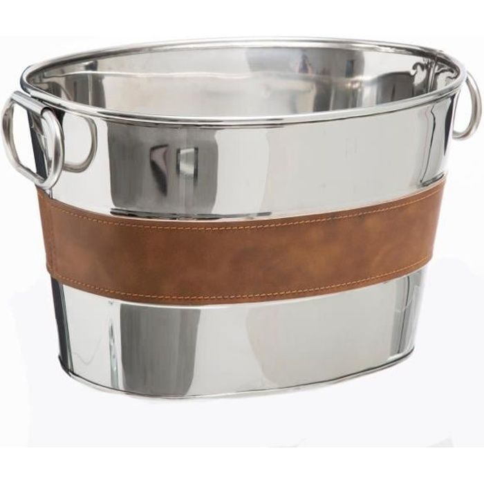 Secret de Gourmet - Grande Vasque Seau à Champagne en Inox rafraichisseur de bouteille déco Cuir Inox/cuir