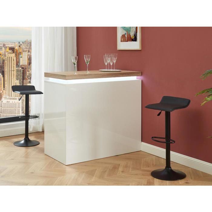 Meuble de bar HALO II - MDF laqué blanc - LEDs - Blanc et Chêne