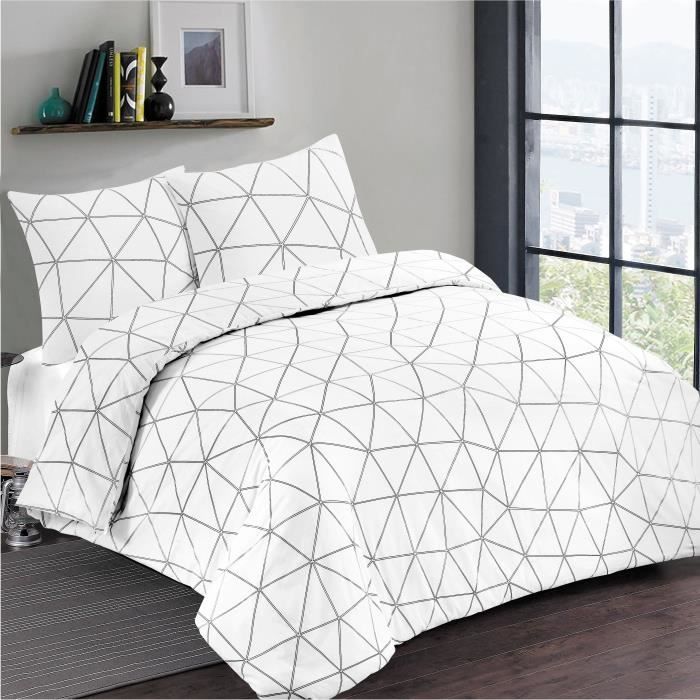 VISION Parure de couette Hugo en Flanelle - 200 x 200 cm - Blanc et gris