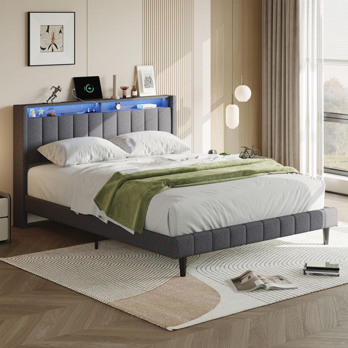 NMCXO Lit Double 140x200cm Avec Éclairage LED,USB,Rangement,Lit Coffre