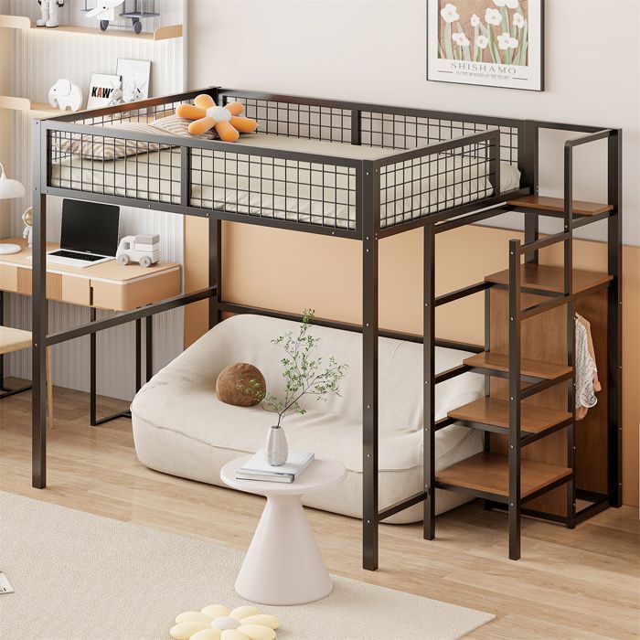 Lit Mezzanine 2 Places en Métal Lit Mezzanine 140x200 pour Enfant Adulte avec Escalier et étagère Armoire Ouvertes Couleur Noire