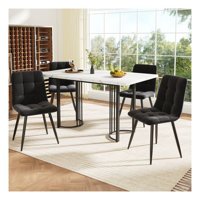 Table a Manger avec 4 Chaises en Velours Noir Ensemble Table et Chaises Salle a Manger 179.5 x 80 x 75.5 cm Structure en Métal
