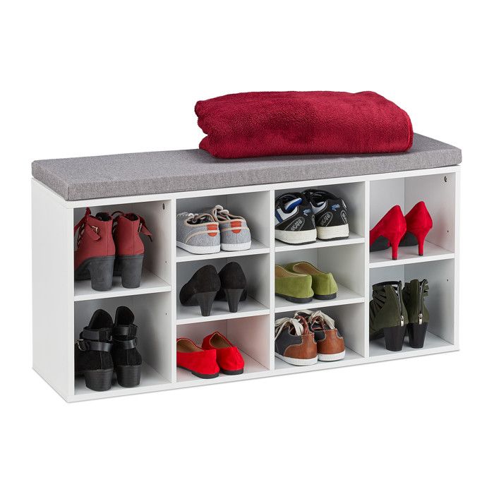 Relaxdays Banc à chaussures avec siège 10 compartiments HLP: 52 5 x 104 x 30 cm banquette rembourré blanc
