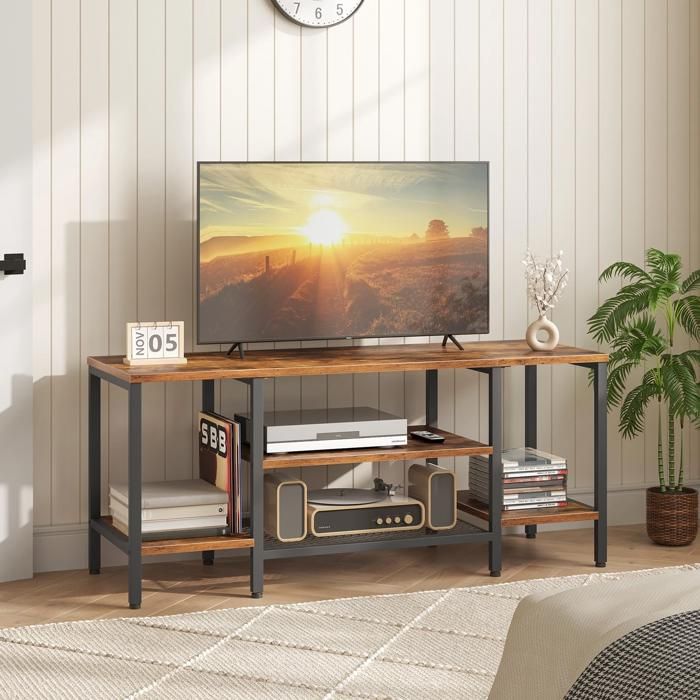 Meuble TV Industriel- HOOBRO -120 x 40 x 52 cm-Marron Rustique et Noir