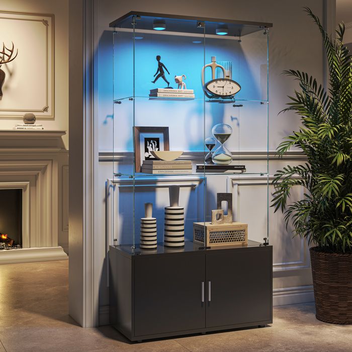 Vitrine en verre noire avec 3 étagères 2 portes et LED meuble moderne 78.51x35x164 cm rangement caché matériaux écologiques