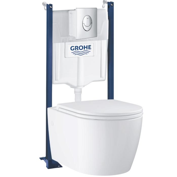 Grohe Pack WC suspendu sans bride Start Round Ceramic + abattant frein de chute + Bâti-support mur + Plaque