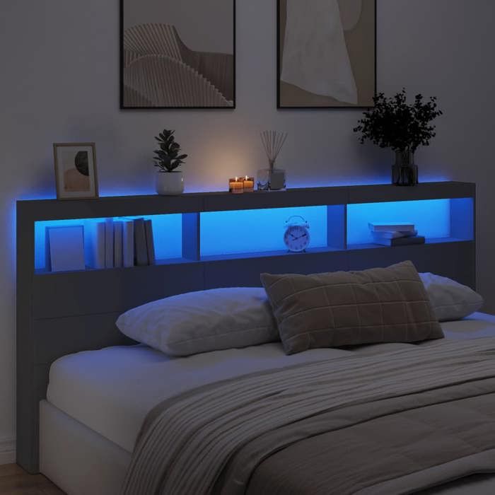 Armoire tête de lit avec LED - WIENS - Noir - 220x17x102 cm - Bois dingénierie - LED RVB - Grand espace de rangement