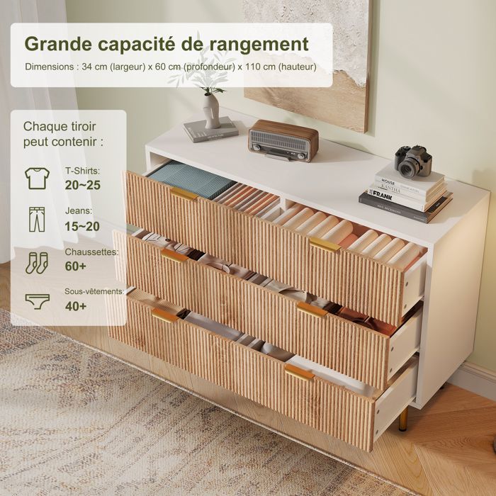 Commode avec 6 tiroirs - Andeonline - bois massif - 100 x 34 x 73 cm - Caisson de Bureau - blanc et bois naturel
