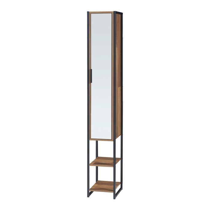 Meuble colonne de salle de bain - HELLOSHOP26 - 160x24x30 cm - Effet noyer - Porte miroir - 7 étagères