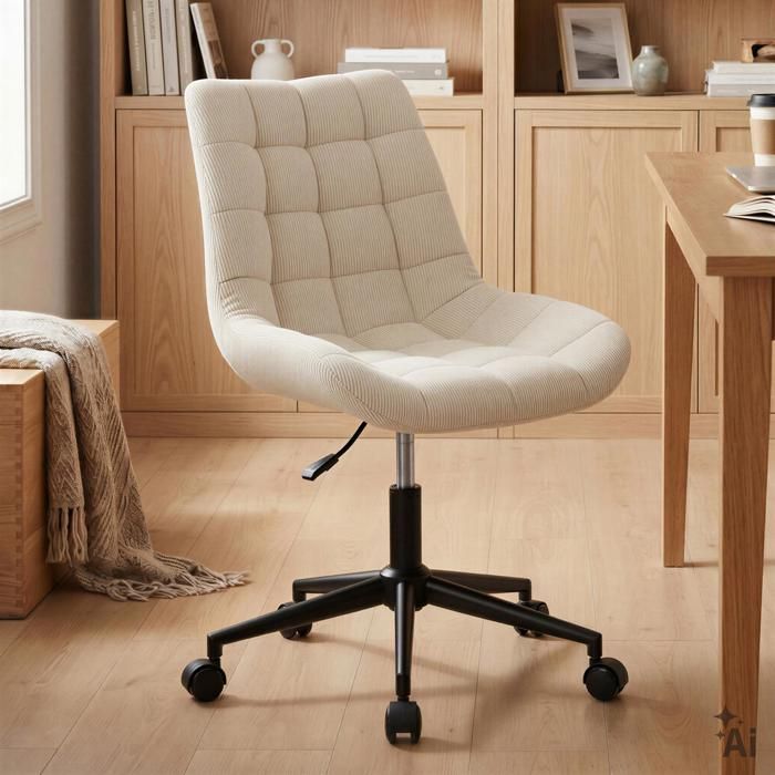 Chaise de bureau VASILO Fauteuil en Velours Côtelé Blanc Crème avec Piétement en Métal Laqué Noir Assise Réglabe en Hauteur