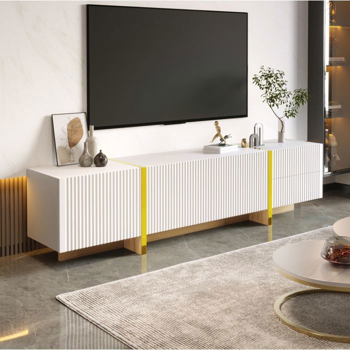 Meuble TV blanc et or L 190 x P 35 x H 45 cm 3 portes amorties 2 tiroirs MDF/PB