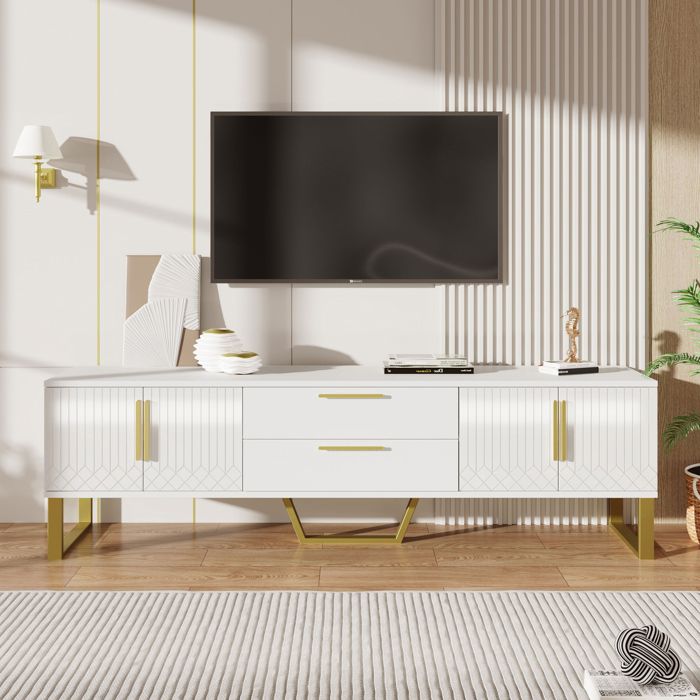 Meuble TV - Meuble TV 170 cm - 4 portes - Tiroirs centraux gravés - Finition haut brillant blanc et doré