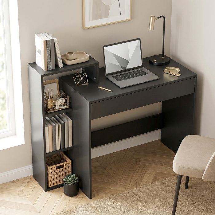 Bureau avec rangement bureau dordinateur avec 3 étagères de rangement et tiroir 100 x 40 x 90 cm noir
