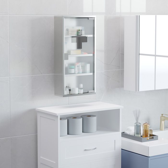 Armoire à pharmacie 30x12x60 cm EVRYAE - porte en verre satiné avec serrure ouverture Tip On - Argent