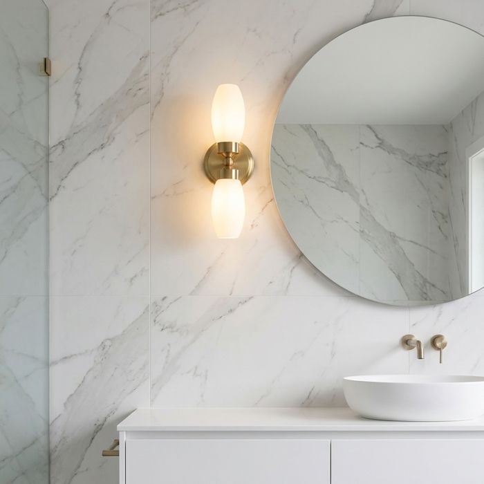 Applique Salle de Bain Double IP44 pour Miroir – Luminaire Mural 2xE14 en Métal Doré et Verre Opalin DUOLIA
