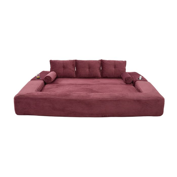 Canapé-lit pliant 3 places en mousse dense avec ressorts design ergonomique 2 coussins décoratifs et porte-bouteilles intégré