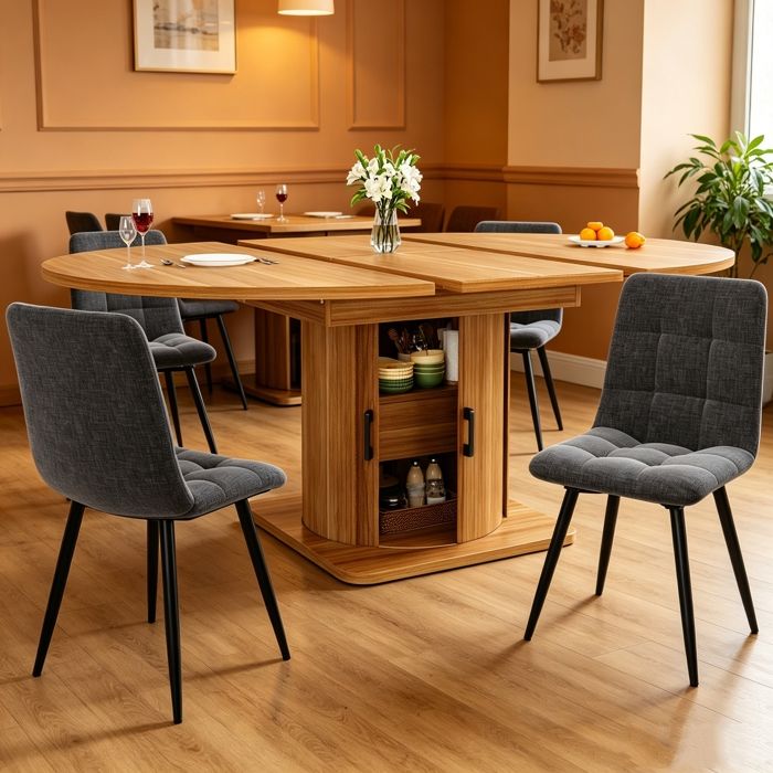 Ensemble Table et Chaises de Salle à Manger 5 Pièces Table a Manger Extensibles avec 4 Chaises Chaise en Lin Gris Marron Foncé