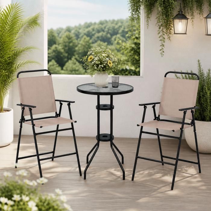 Ensemble bistro extérieur - PAGE LIVING - 3 pièces - Plateau verre trempé - Trou parasol - Chaises pliantes sécurisées