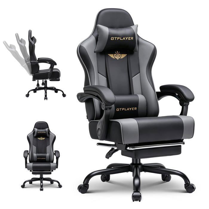 Chaise gaming ergonomique - GTPLAYER - Modèle standard - Repose-pieds escamotable - Support lombaire réglable - Capacité 180 kg