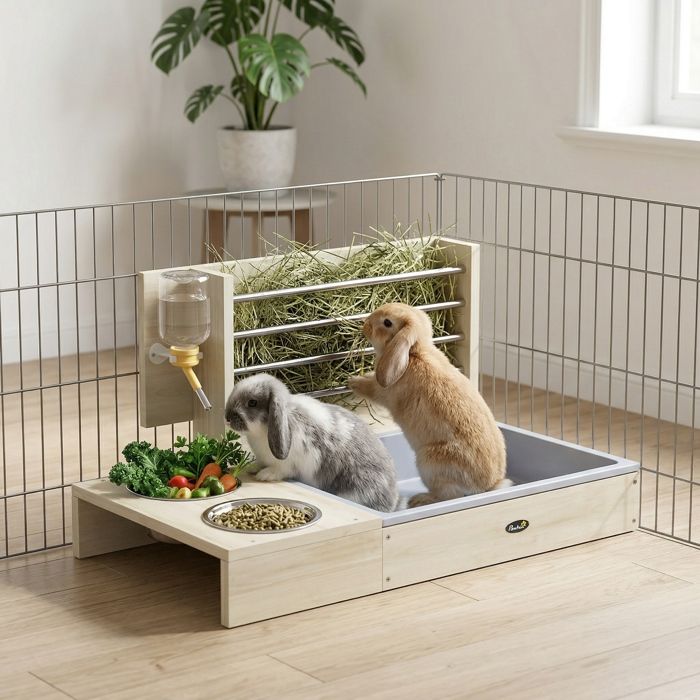 Râtelier à foin pour lapins en bois avec plateau bol en acier inoxydable et bouteille d’eau
