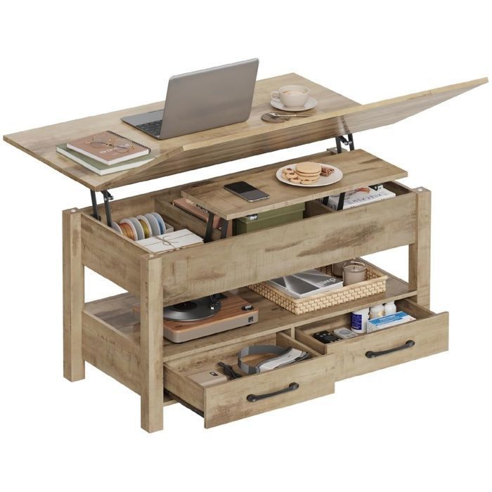 Table basse relevable extensible - WOLTU - Marron Camel - 100x50 5x53/67.5 cm - 2 tiroirs - Compartiment ouvert -Rangement caché