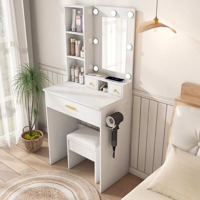 Coiffeuse blanche 60 x 38 x 131 5 cm avec miroir LED 3 modes prise intégrée 3 tiroirs et tabouret