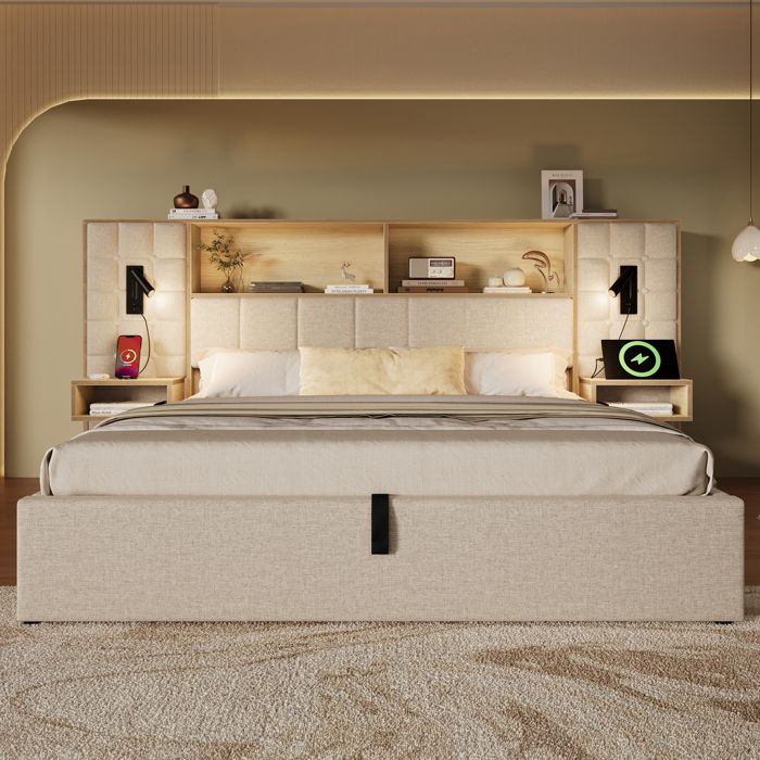 ROVRYN Lit coffre 160x200 beige avec sommier à lattes 2 liseuses USB Type-C et tables de chevet