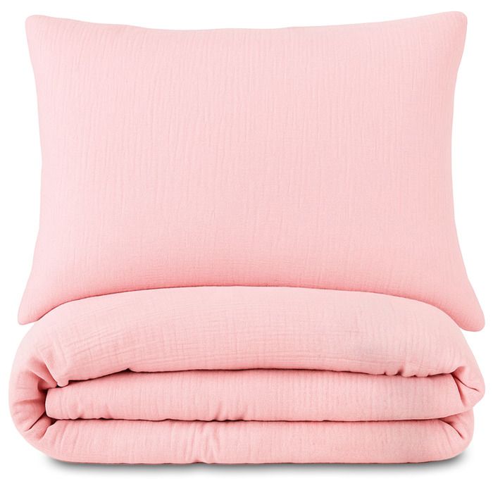 Housse de couette enfant mousseline 90x120 cm – linge de lit coton bébé avec taie 40x60 cm rose poudré