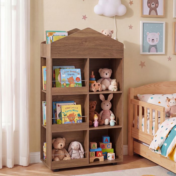 Bibliothèque Enfant Maison-COSTWAY-Rangement 3 Niveaux Étagères à Livres Compartiments & Cubes 117CM Anti-Basculement Naturel