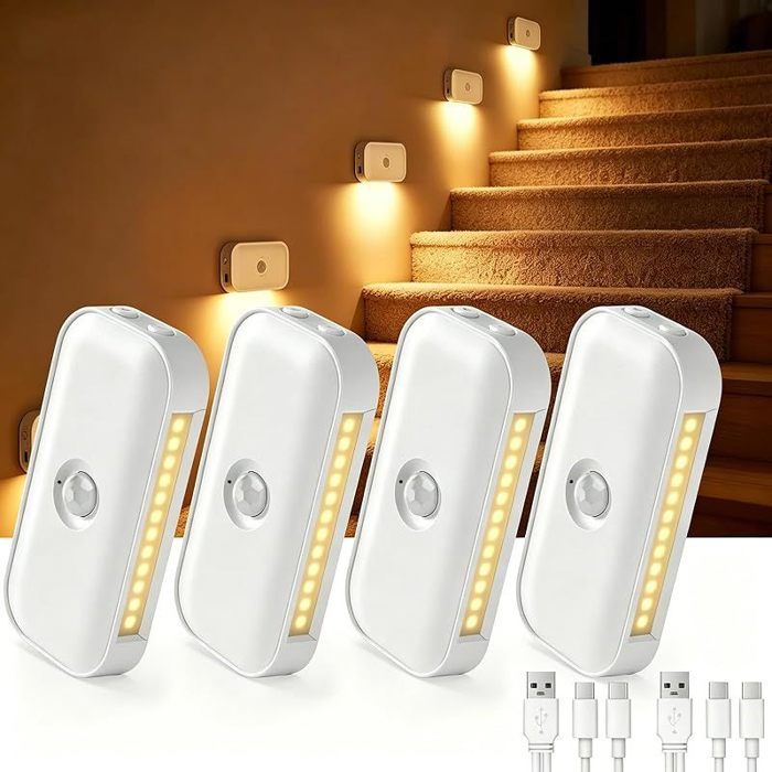 Veilleuses avec Détecteur de Mouvement [Lot de 4] Rechargeable Lampe Nuit et 5 Niveaux Luminosité 3 Modes(Auto/Off/Night)