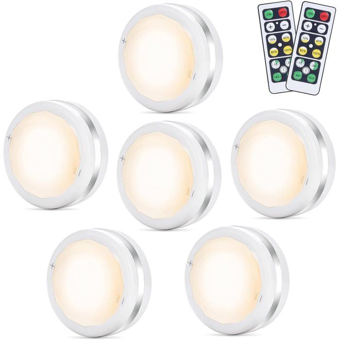 Lot de 6 appliques LED sans fil pour placard - télécommande lumière blanc chaud minuteur pile AAA fixation adhésive double face