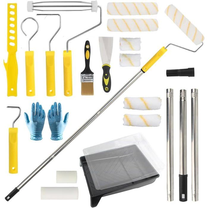 20 Pièces Rouleau de Peinture avec Manche Télescopique Cadre de Rouleau de Peinture Bacs à Peinture avec Doublure Rouleaux
