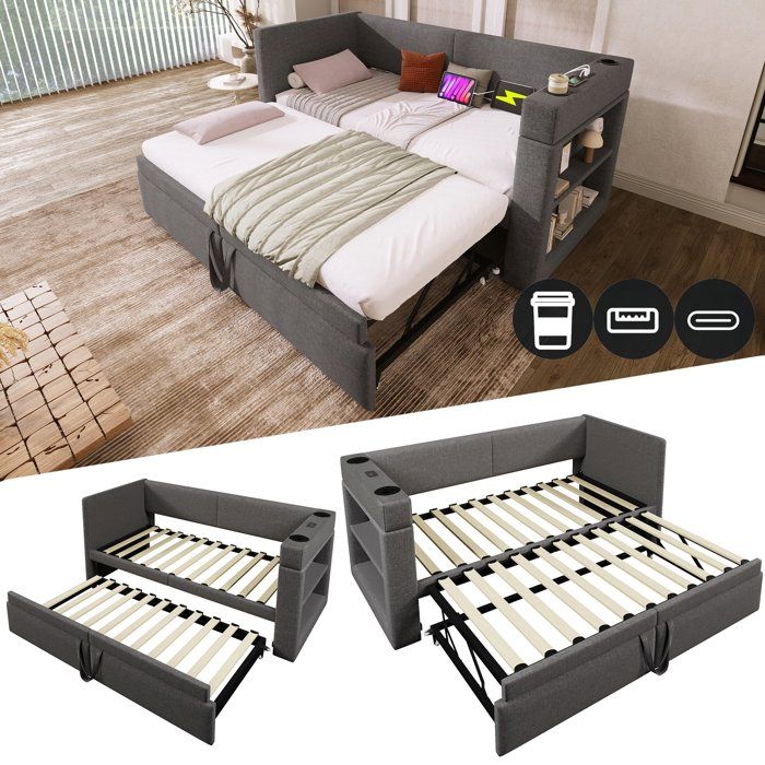 Canapé gigogne 90x200 gris en lin ports USB et type-C rangements latéraux pour salon