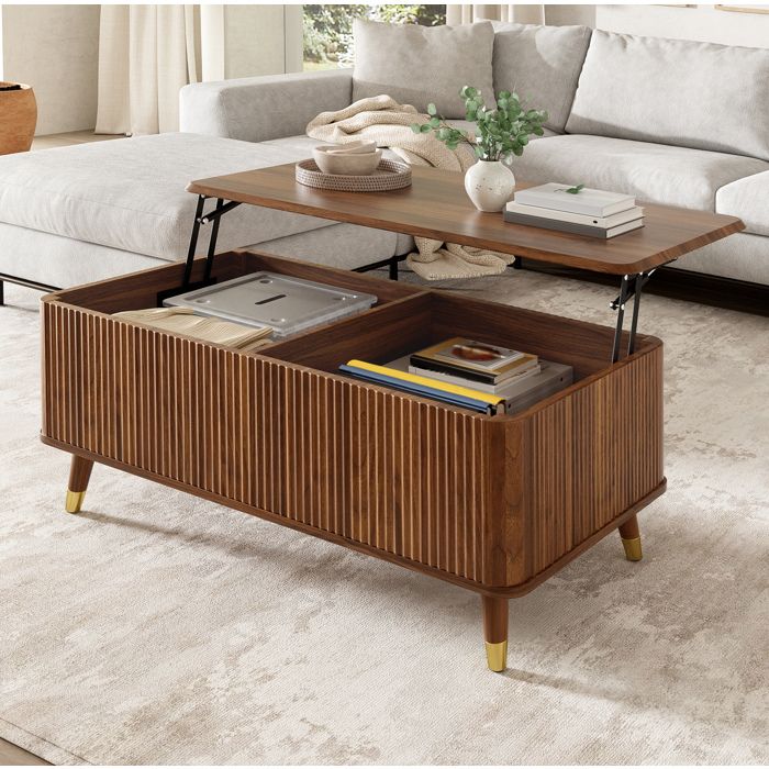 WUVRIE Table basse relevable de salon effet noyer rangement intégré pieds en bois massif