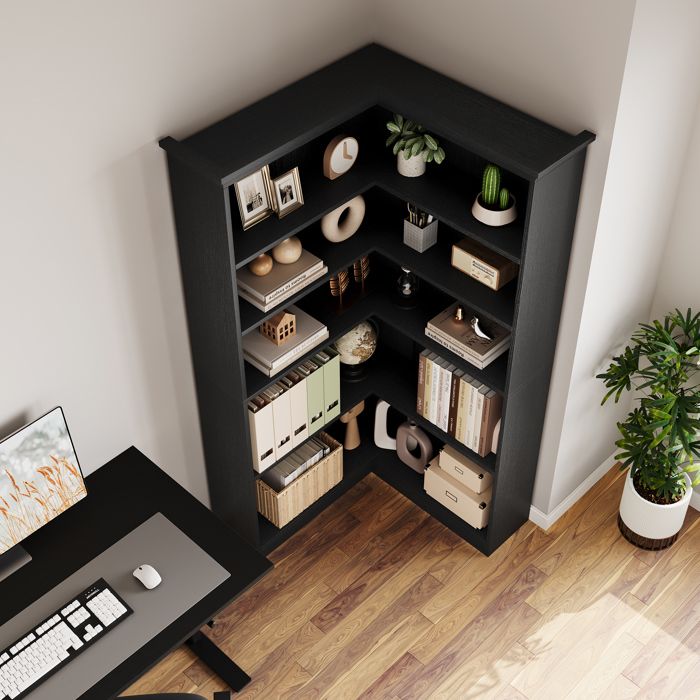 KOIOPLIE Étagère dangle 5 niveaux en L 185 cm bibliothèque haute en bois MDF rangement pour bureau salon chambre Noir