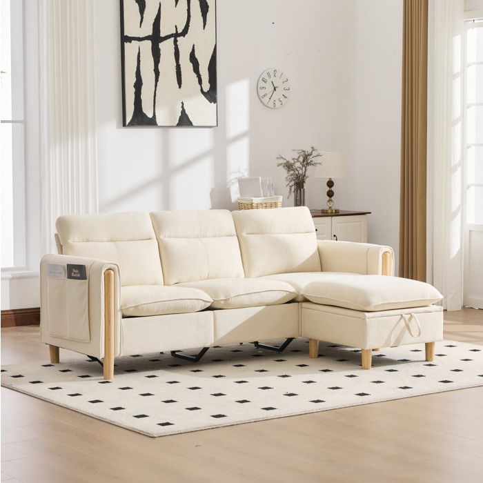VUENOR Canapé d’angle 3 places 201 x 77 x 86 cm beige – pouf coffre
