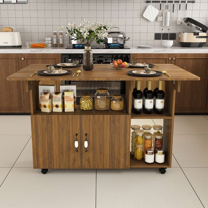 Table à Manger Pliante sur roulettes Table de Cuisine Extensible avec 5 étagères pour Petits Espaces Salon 110x70x80cm Noyer