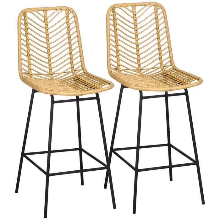 Pour intérieur stylé assise confortable lot de 2 chaises hautes de bar en rotin PE jaune et noir